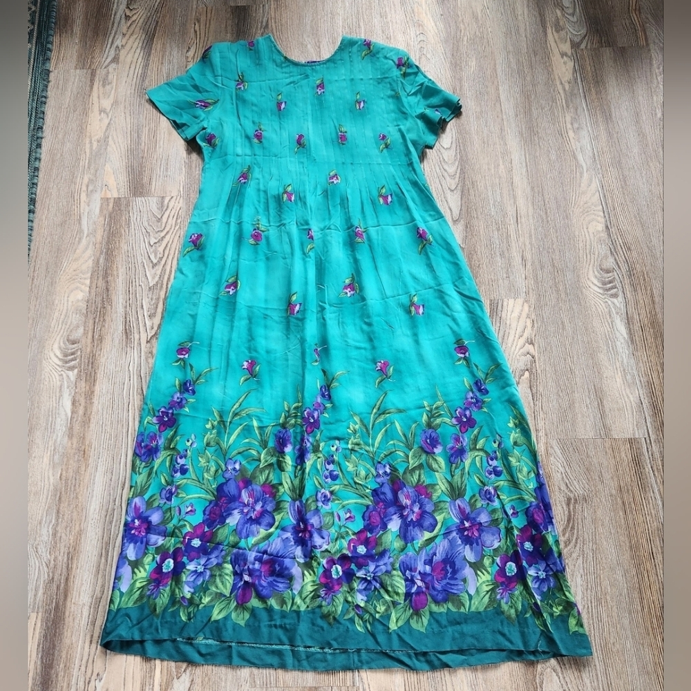 Vintage Jackie & Eric Vibrant Maxi Dress Pintuck Teal Purple Pink Womens 16 - Picture 6 of 11